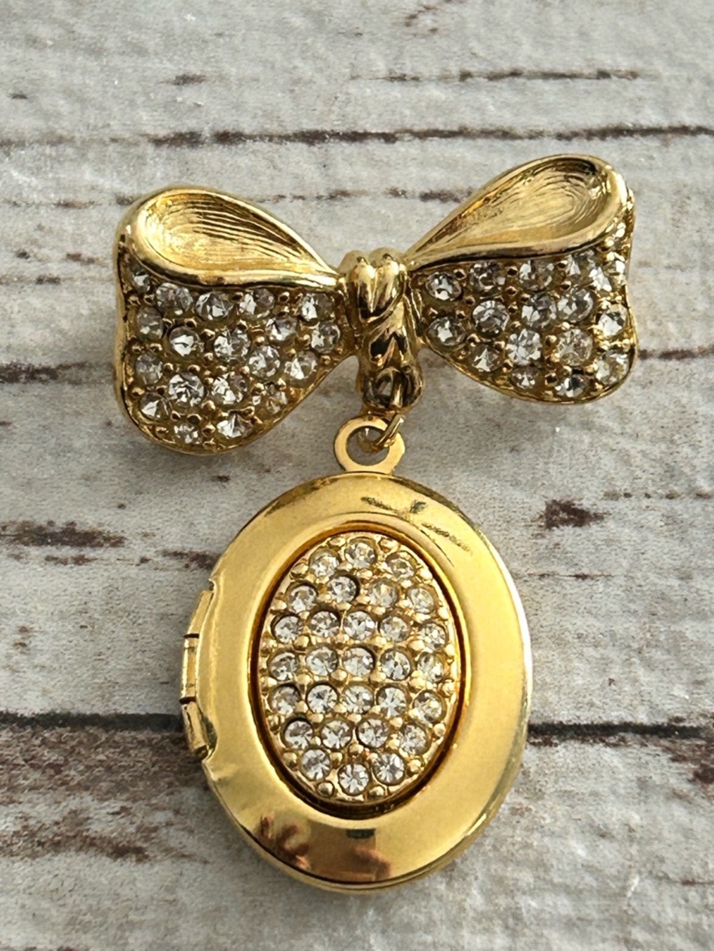 4/$100 Gold Bow Locket Brooch with Crystal Accents